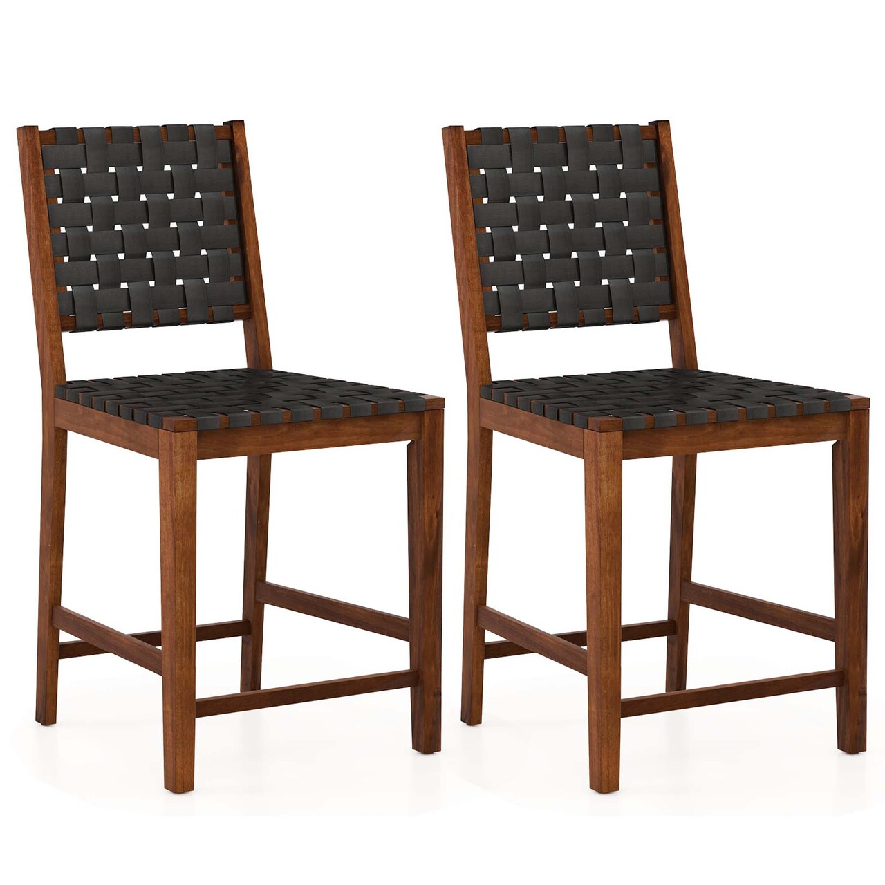 Costway Woven Bar Stools Set of 2 Counter Height Dining Chairs Faux PU Leather Kitchen